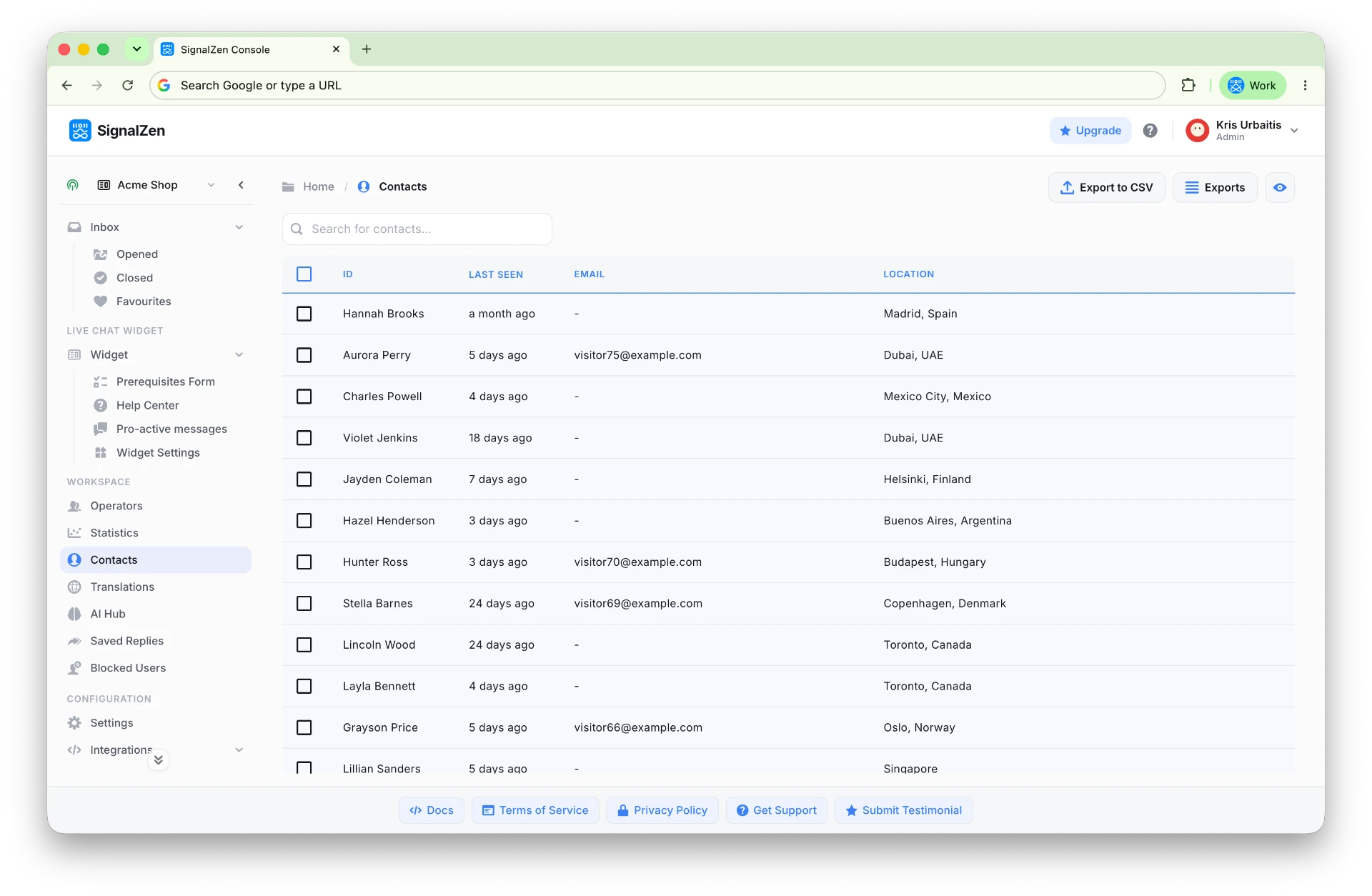 Contacts list in the SignalZen Console