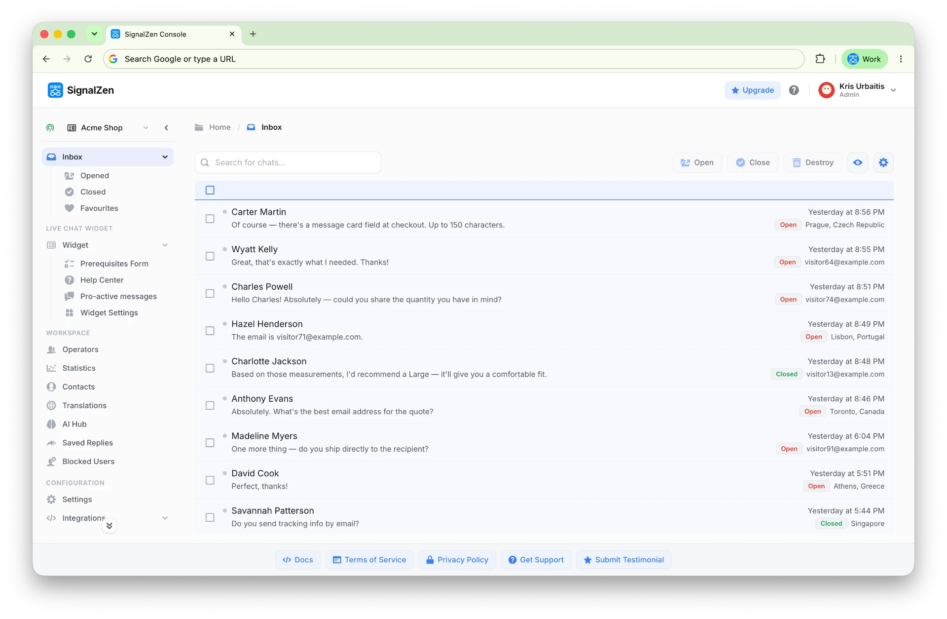 SignalZen Console inbox showing recent customer conversations