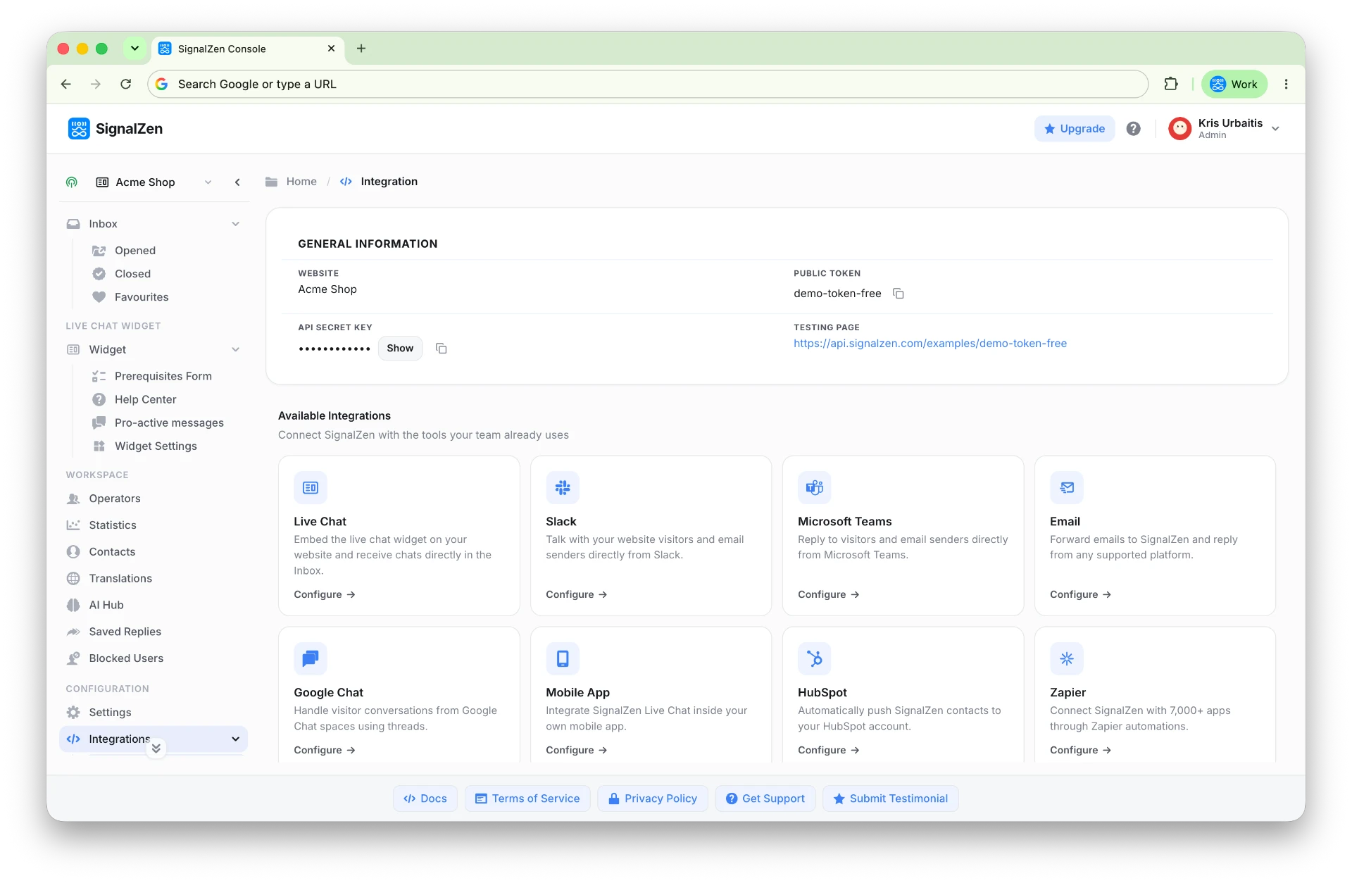 Integration wizards in the SignalZen Console