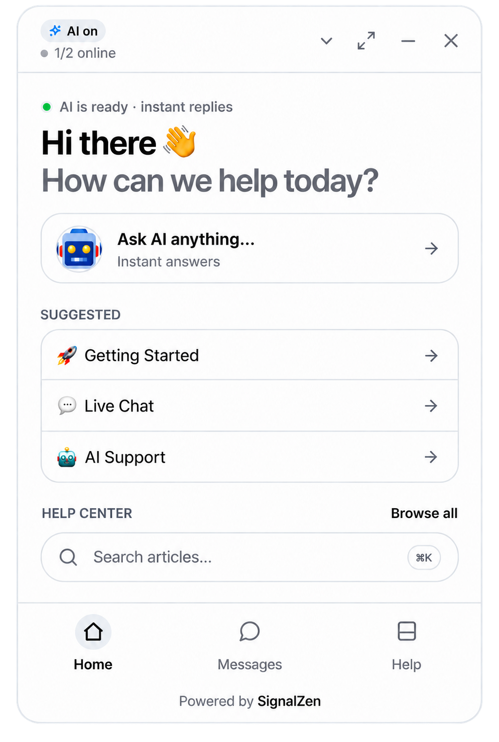 SignalZen live chat widget showing the AI welcome screen with suggested topics and help centre search