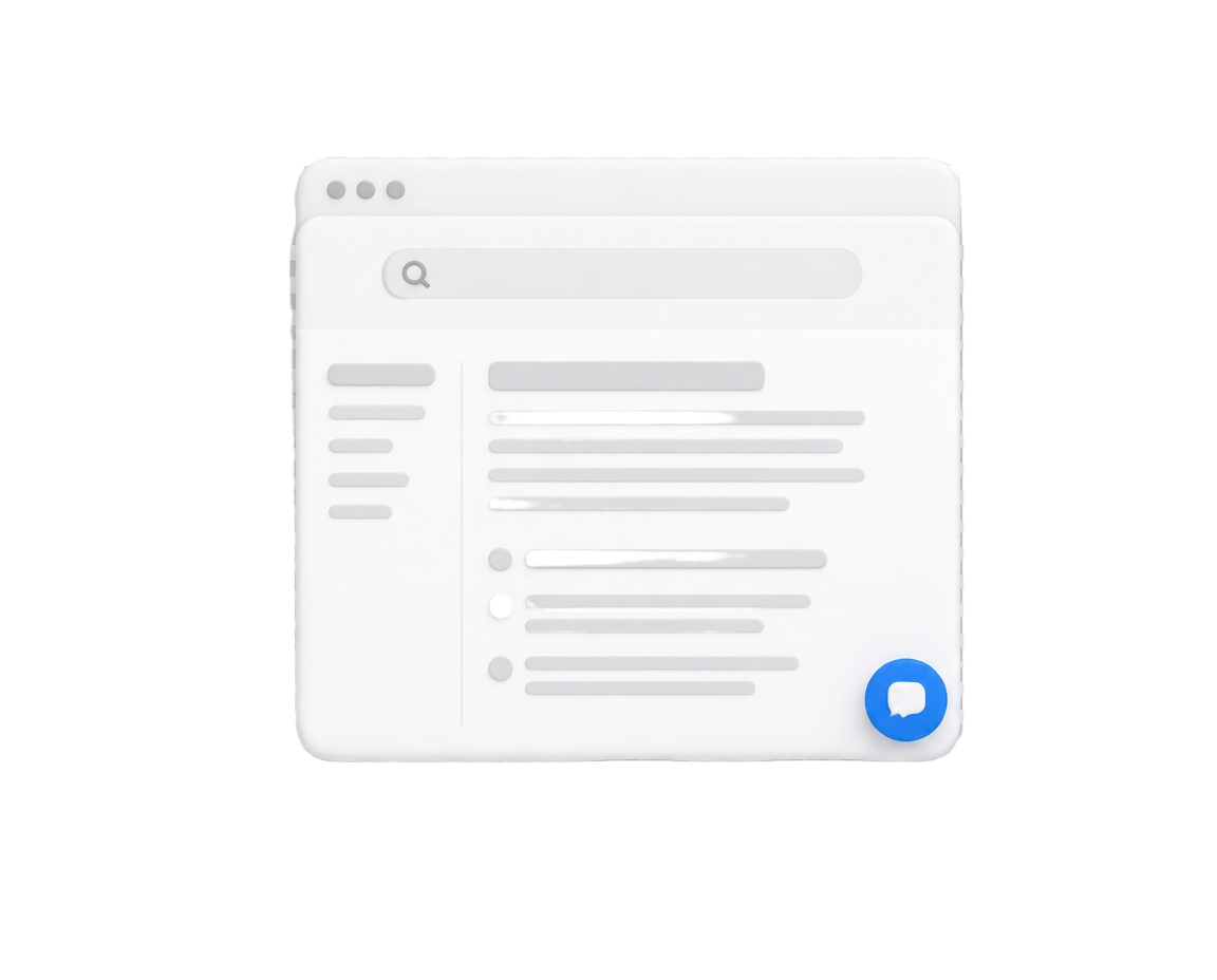 A branded help center in a browser window with a chat bubble in the corner