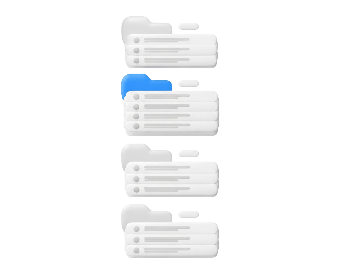 Folder categories with stacks of article cards beneath them