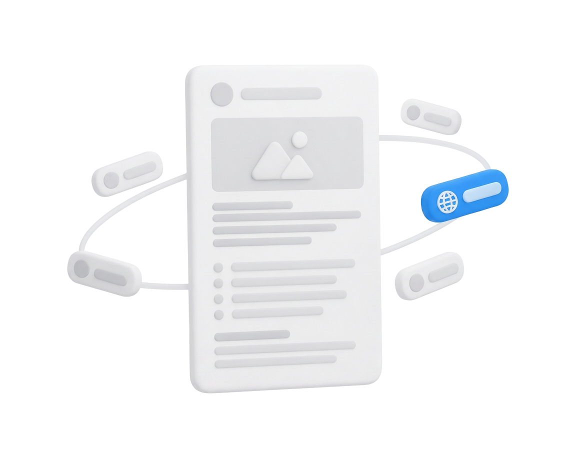 A help article page surrounded by floating language chips