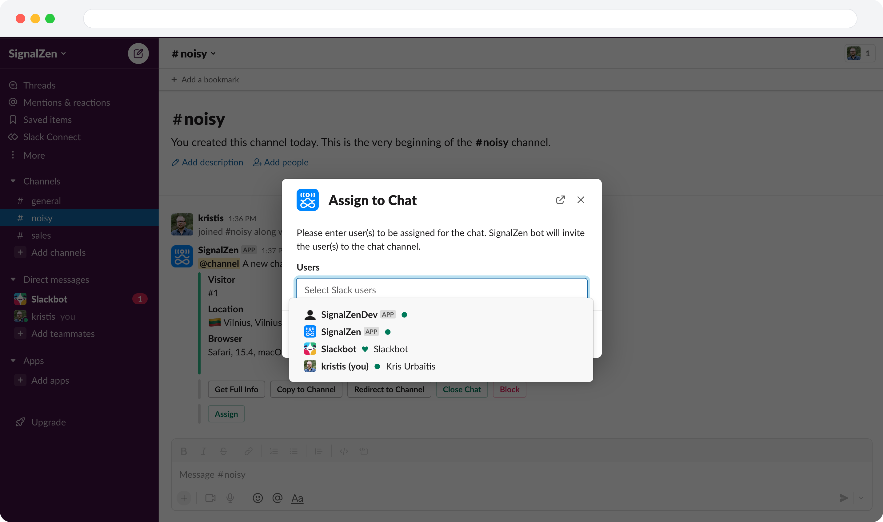 Assigning a colleague to a chat in Slack