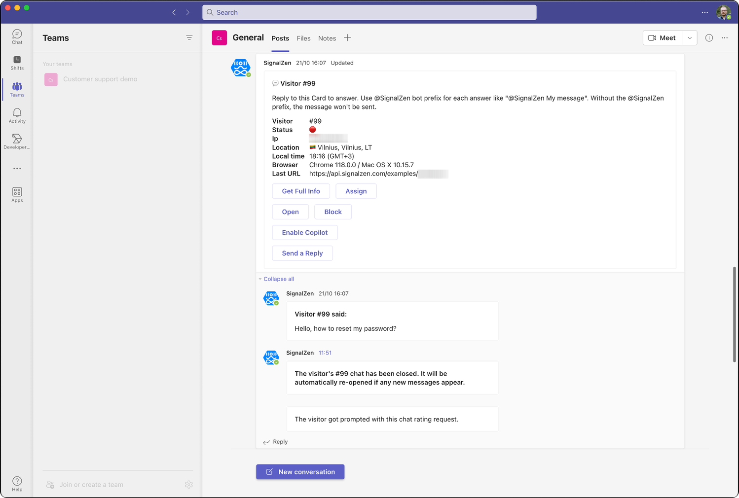 A SignalZen live chat session appearing as an adaptive card in Microsoft Teams