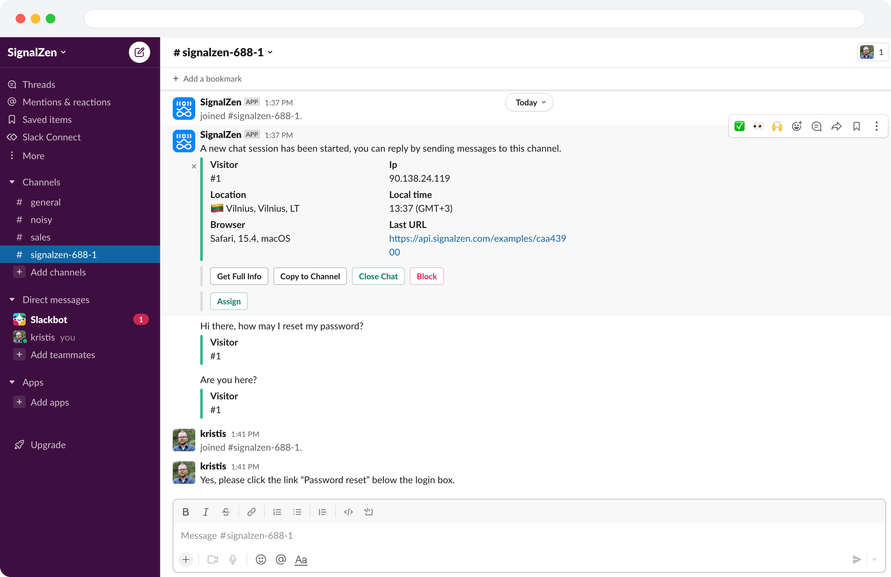 Chatting with visitors via dedicated Slack channels