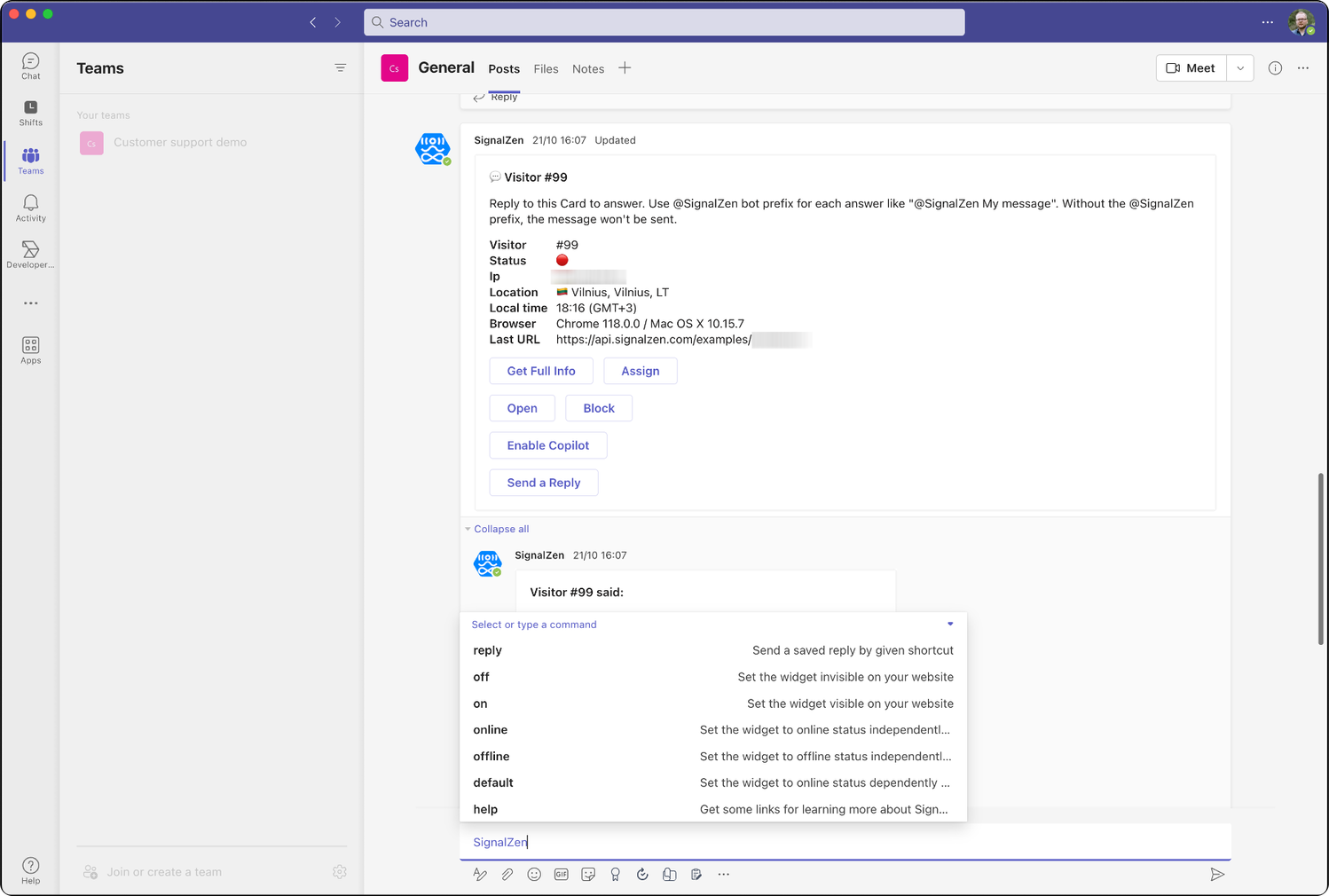 SignalZen bot commands available in Microsoft Teams