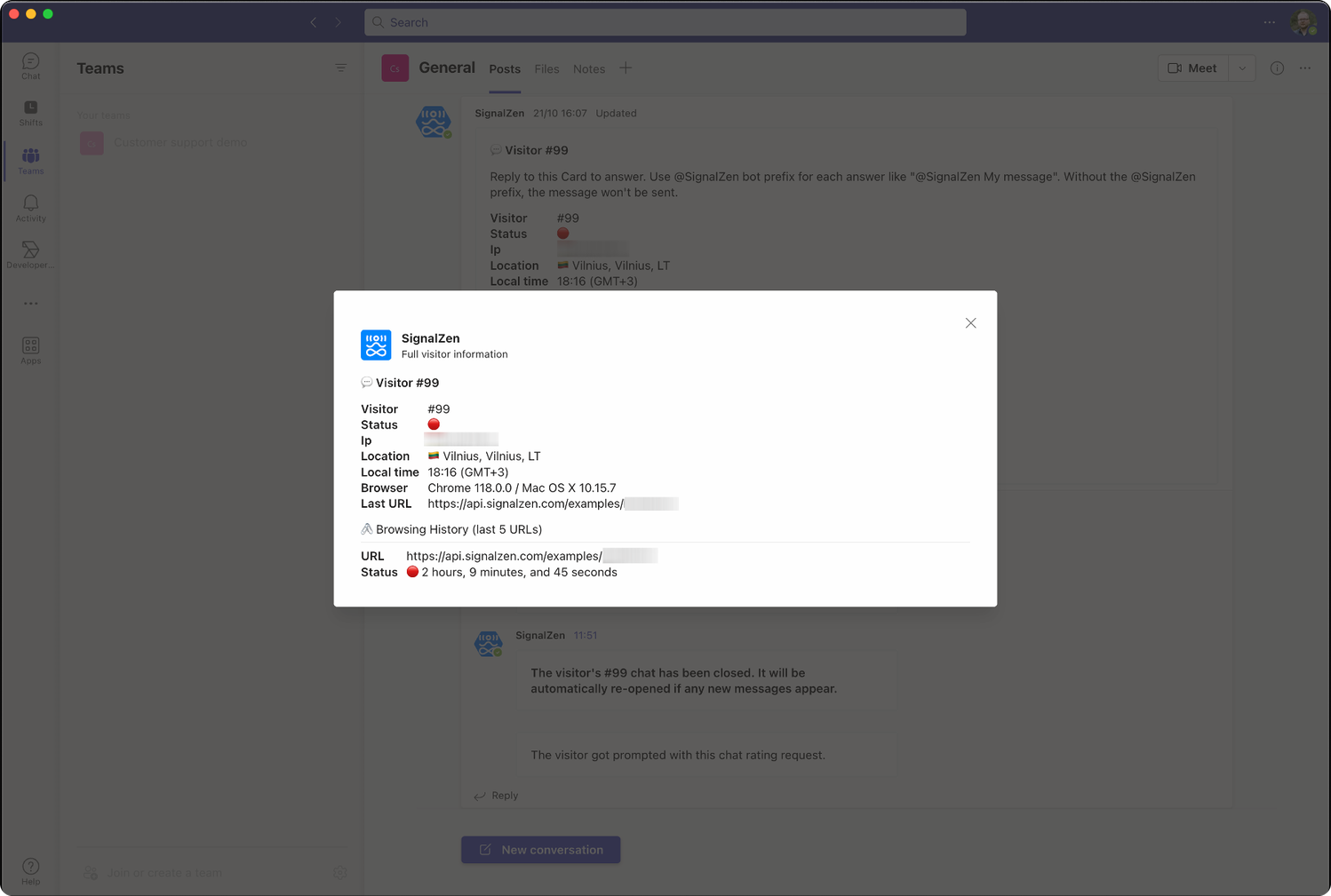 Full website visitor information modal in Microsoft Teams