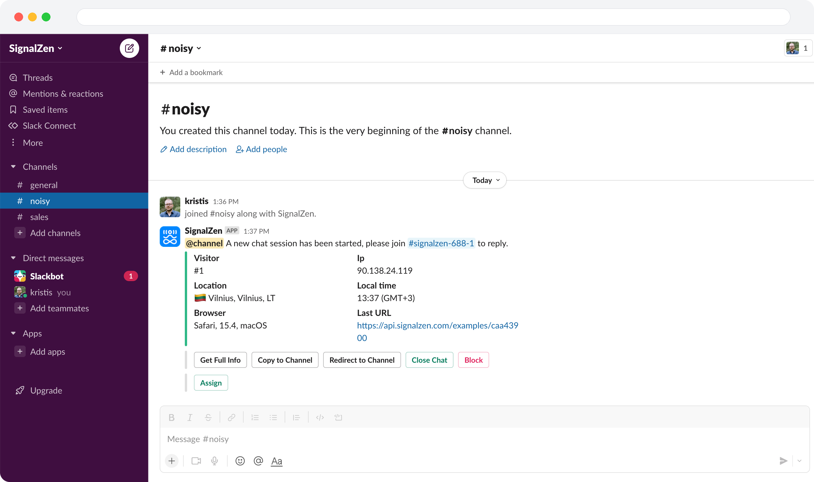 A new SignalZen live chat session appearing in a Slack channel
