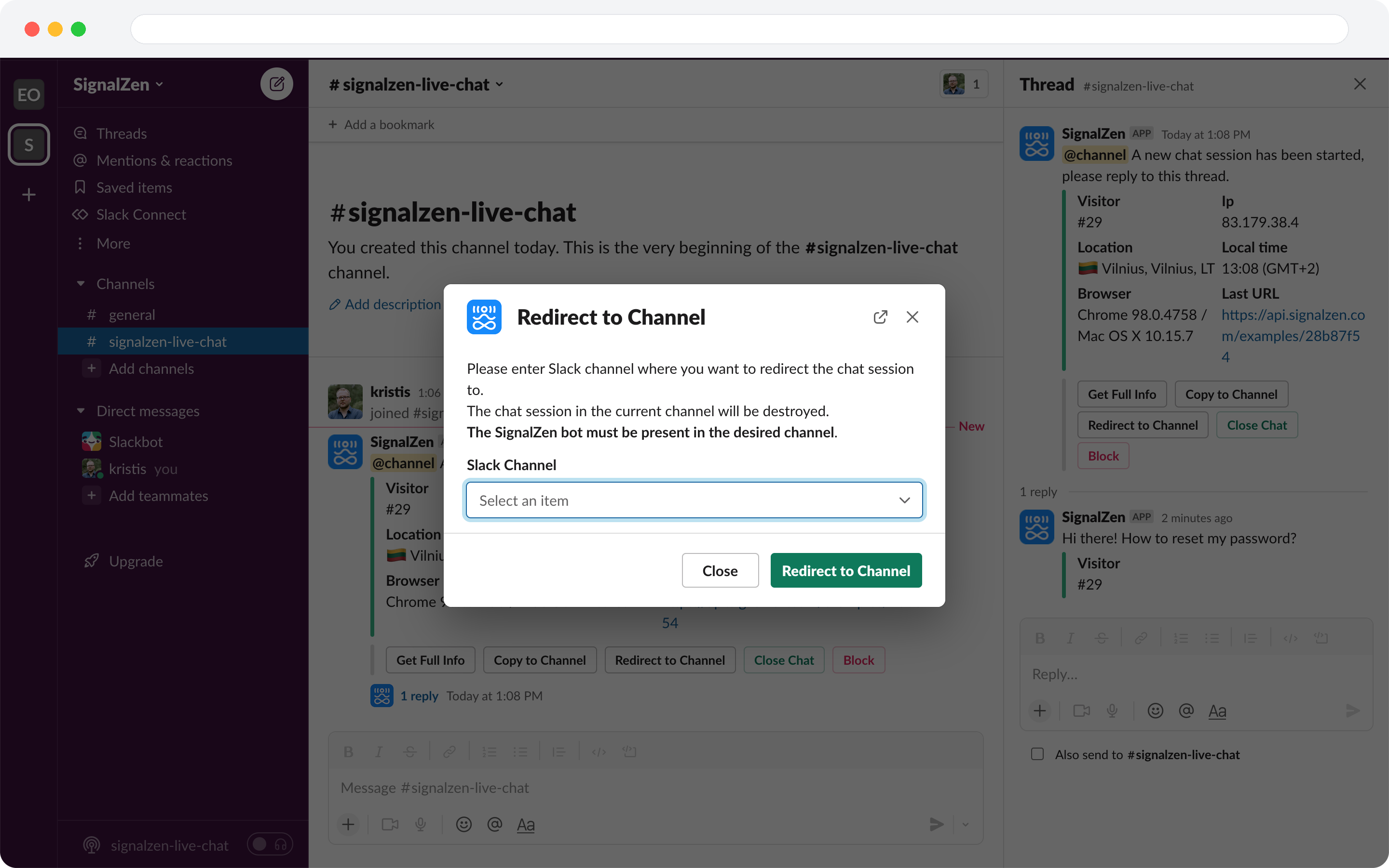 Redirecting a chat session to another Slack channel